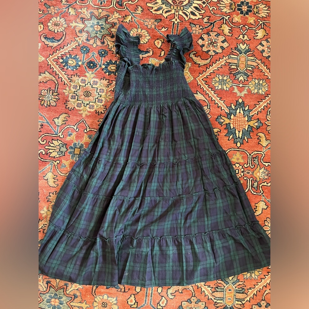 HillHouse home Ellie Nap Dress Blackwatch Tartan Plaid Holiday Smocked Midi Rare